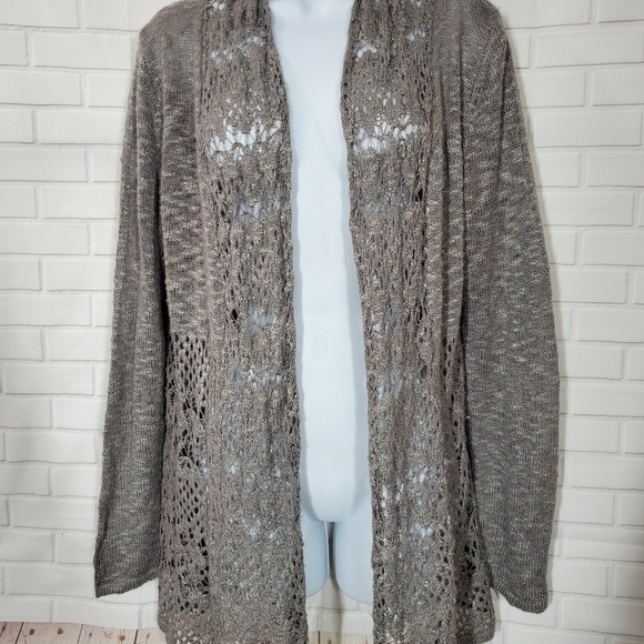 Belldini Gray Crochet Knit Long Sleeve Open Cardigan Sweater - Picture 2 of 14